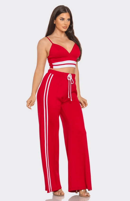 Mikayla Front bottom Striped Detail Adjustable Strap Bra Crop Top and Side Slit Two Stripes Flares Pants set Red/White