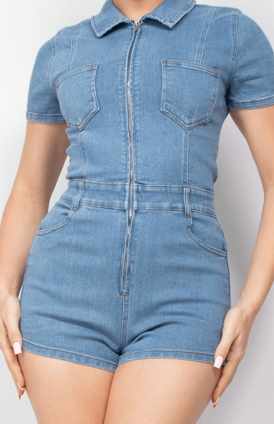 Lora Waist Belt Loops Short Sleeve Front zipper Denim Romper