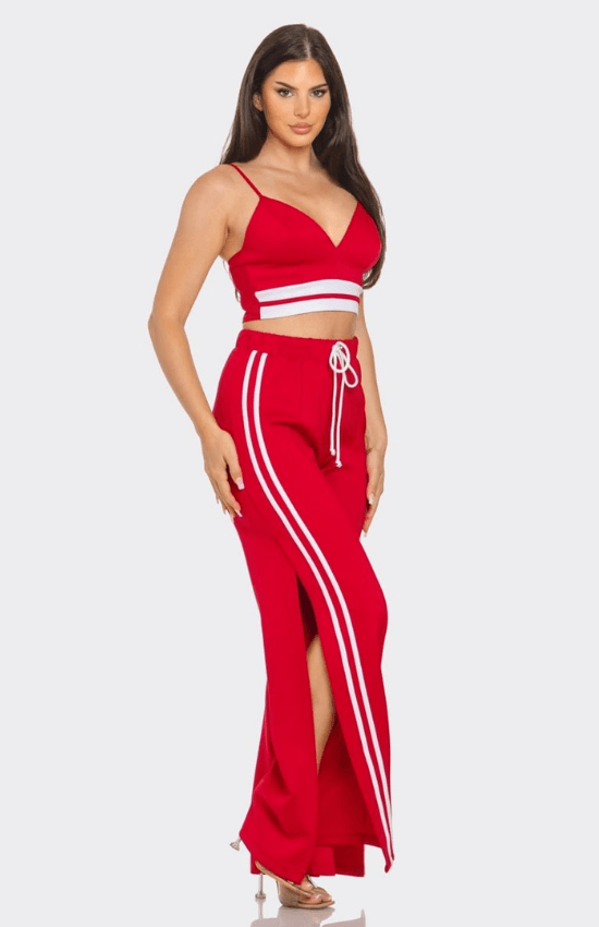 Mikayla Front bottom Striped Detail Adjustable Strap Bra Crop Top and Side Slit Two Stripes Flares Pants set Red/White