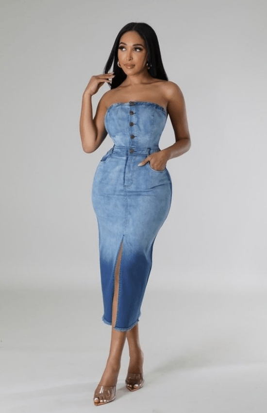 Betty Tube Dress Front Slit Bottom Denim Long Dress