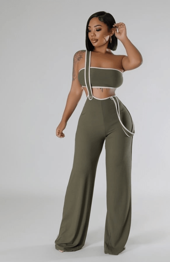 Megan Tube Top No Closure Pants with a Shoulder Strap Two Piece Set-Olive