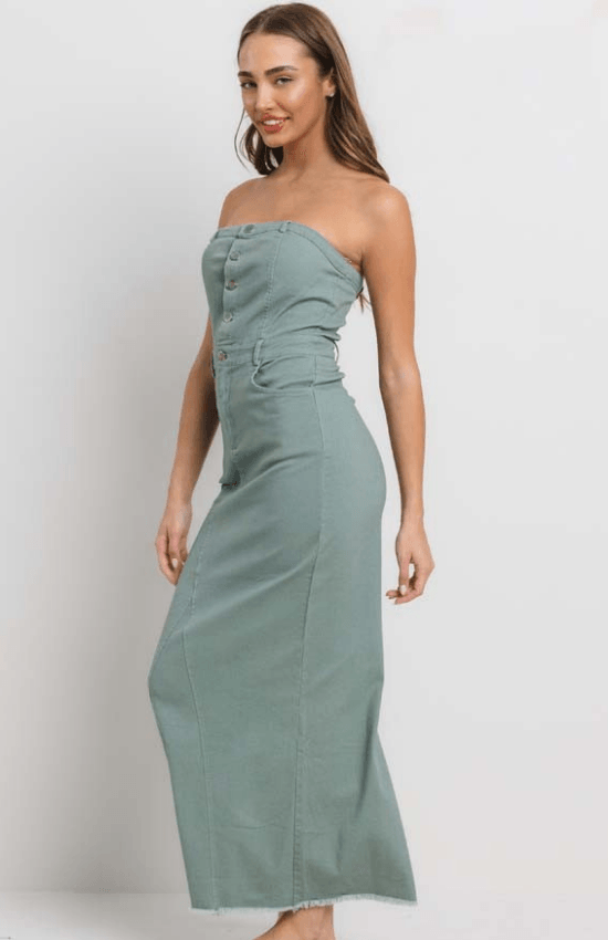 Betty Stretch Front Buttons Tube Maxi Dress-Sage