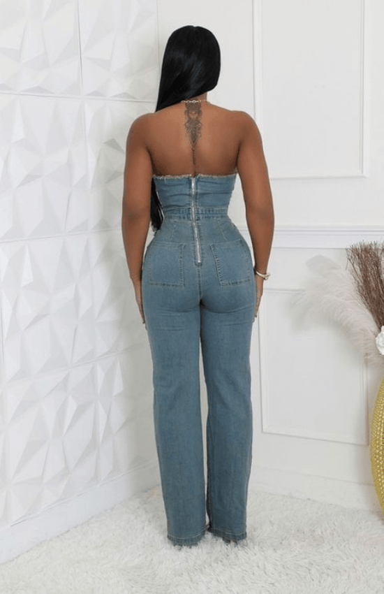 Claudia Non-Stretch Strapless Pocket Ripped Knees Back Zipper Closure Jumpsuit-Denim