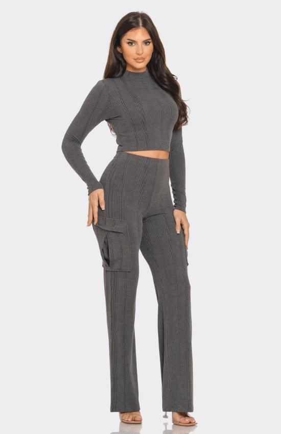 Kaliah Rib Solid Mock Neck Long Sleeve Crop Top and Side Cargo Pockets Pants Set-Charcoal