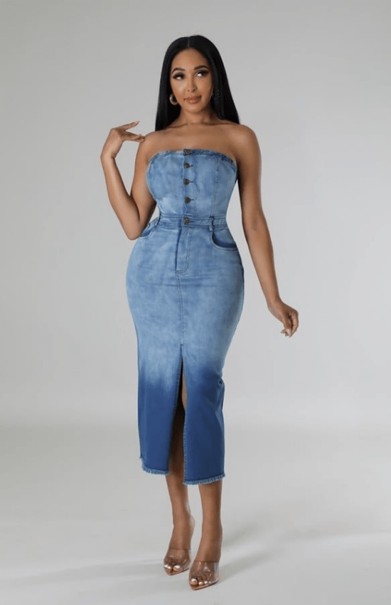 Betty Tube Dress Front Slit Bottom Denim Long Dress