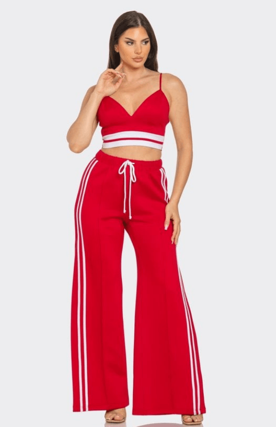 Mikayla Front bottom Striped Detail Adjustable Strap Bra Crop Top and Side Slit Two Stripes Flares Pants set Red/White