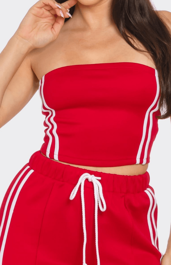 Alyssa Sleeveless Solid Side Two Stripe Detail Tube Crop Top and Side Slit Flare Pants Set-Red