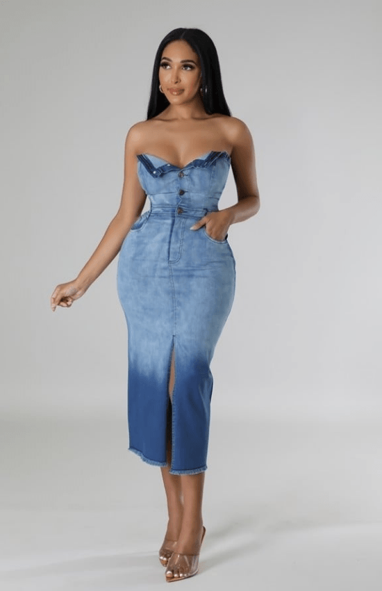 Betty Tube Dress Front Slit Bottom Denim Long Dress