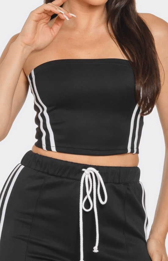 Alyssa Sleeveless Solid Side Two Stripe Detail Tube Crop Top and Side Slit Flare Pants Set-Black/White