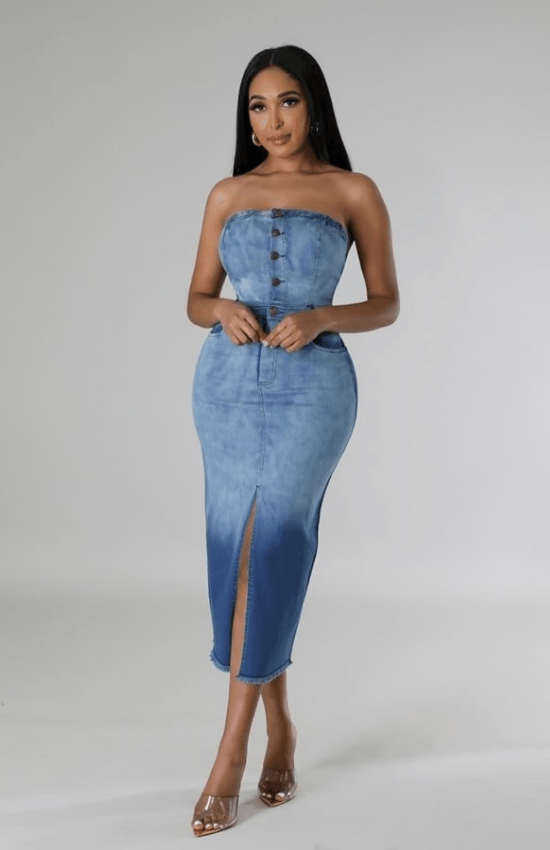 Betty Tube Dress Front Slit Bottom Denim Long Dress