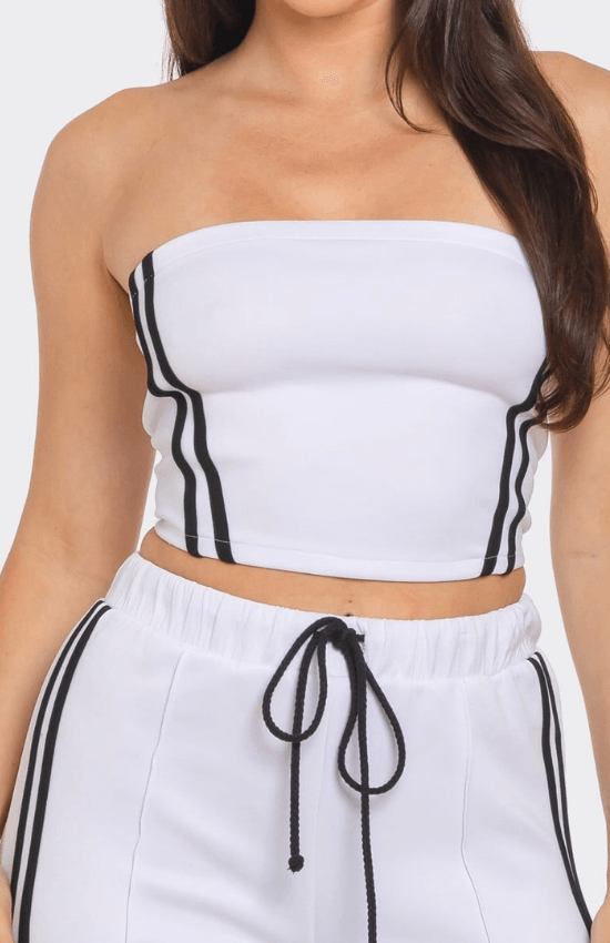 Alyssa Sleeveless Solid Side Two Stripe Detail Tube Crop Top and Side Slit Flare Pants Set-White