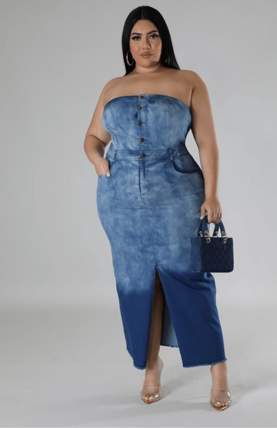 Betty Plus Size Tube Dress Front Slit Bottom Denim Long Dress