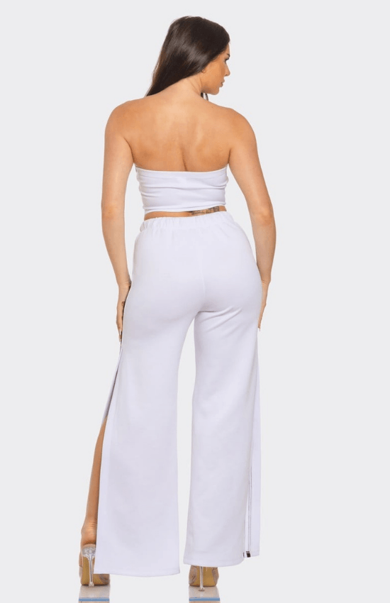 Alyssa Sleeveless Solid Side Two Stripe Detail Tube Crop Top and Side Slit Flare Pants Set-White