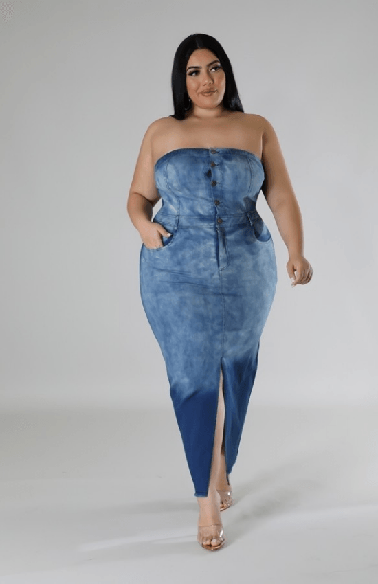 Betty Plus Size Tube Dress Front Slit Bottom Denim Long Dress