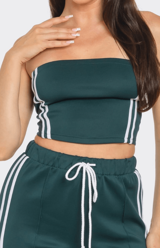 Alyssa Sleeveless Solid Side Two Stripe Detail Tube Crop Top and Side Slit Flare Pants Set-Hunter Green/White