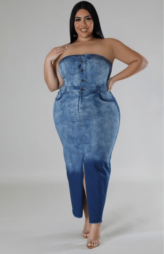 Betty Plus Size Tube Dress Front Slit Bottom Denim Long Dress