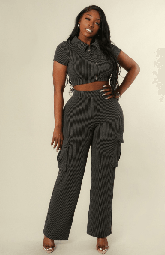 Samantha Ribbed Zip Up Crop top and Cargo Pant Set-Blue