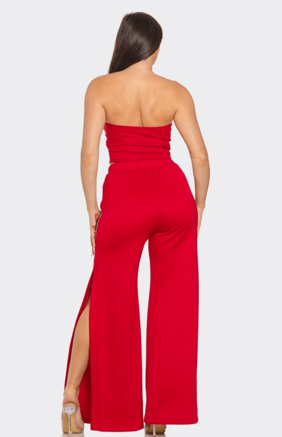 Alyssa Sleeveless Solid Side Two Stripe Detail Tube Crop Top and Side Slit Flare Pants Set-Red