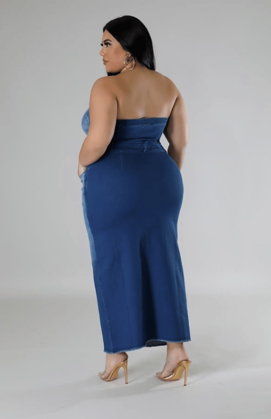 Betty Plus Size Tube Dress Front Slit Bottom Denim Long Dress