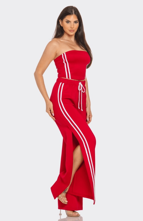 Alyssa Sleeveless Solid Side Two Stripe Detail Tube Crop Top and Side Slit Flare Pants Set-Red