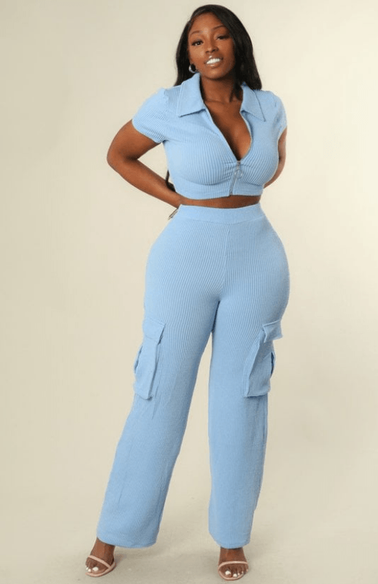 Samantha Ribbed Zip Up Crop top and Cargo Pant Set-Blue