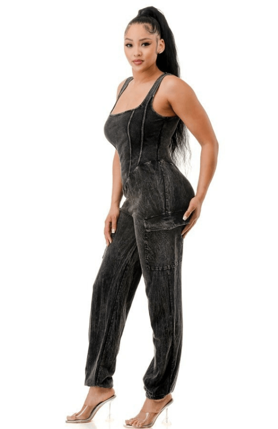 Lala Sleeveless Side Pocket Mineral Cargo Square Neck Jumpsuit-Mocha