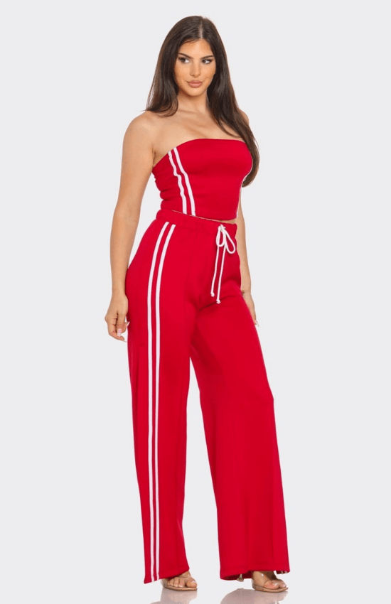 Alyssa Sleeveless Solid Side Two Stripe Detail Tube Crop Top and Side Slit Flare Pants Set-Red