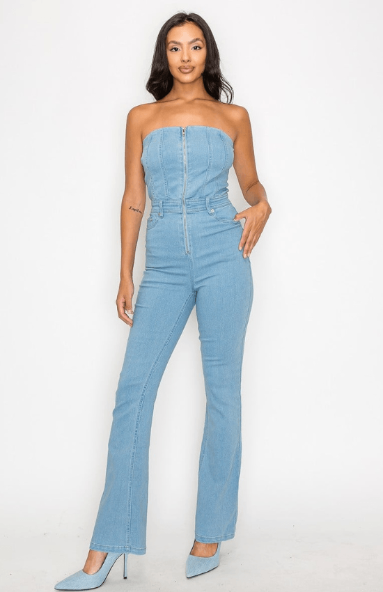 Lisa Woven Tube Denim Front Zipper Closure Five- Pocket Jumpsuit- Light Denim