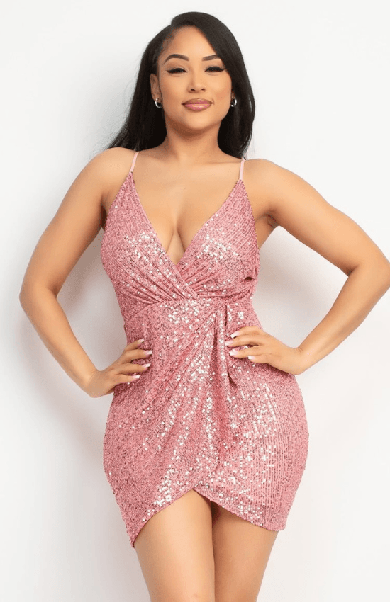 Briana Sequin-Studded Wrap-Front Design Chic Mini Dress