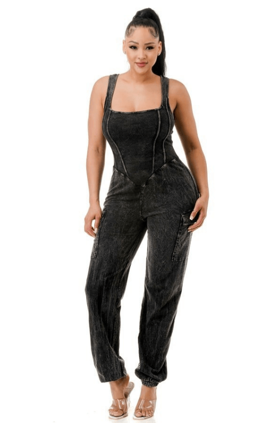 Lala Sleeveless Side Pocket Mineral Cargo Square Neck Jumpsuit-Mocha