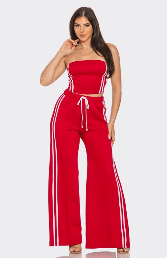 Alyssa Sleeveless Solid Side Two Stripe Detail Tube Crop Top and Side Slit Flare Pants Set-Red