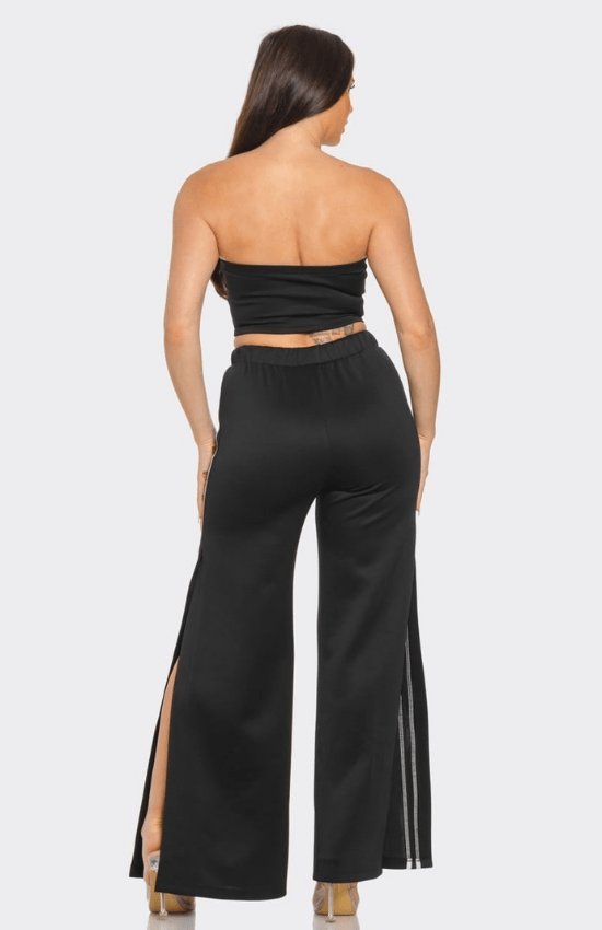 Alyssa Sleeveless Solid Side Two Stripe Detail Tube Crop Top and Side Slit Flare Pants Set-Black/White