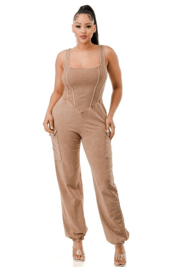 Lala Sleeveless Side Pocket Mineral Cargo Square Neck Jumpsuit-Mocha