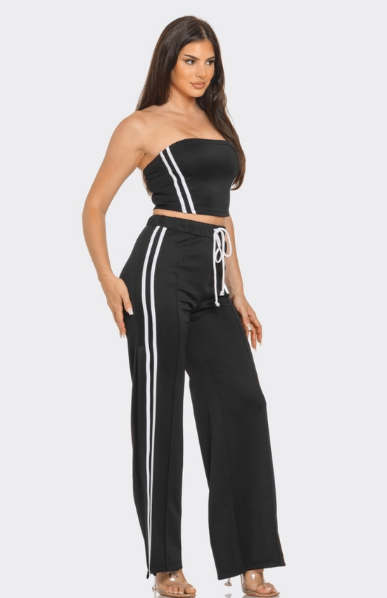 Alyssa Sleeveless Solid Side Two Stripe Detail Tube Crop Top and Side Slit Flare Pants Set-Black/White