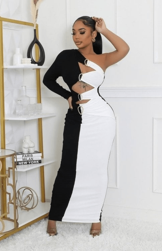 Clarette One Shoulder Long Sleeves Front Cutout Stretch Maxi Dress- Black/White