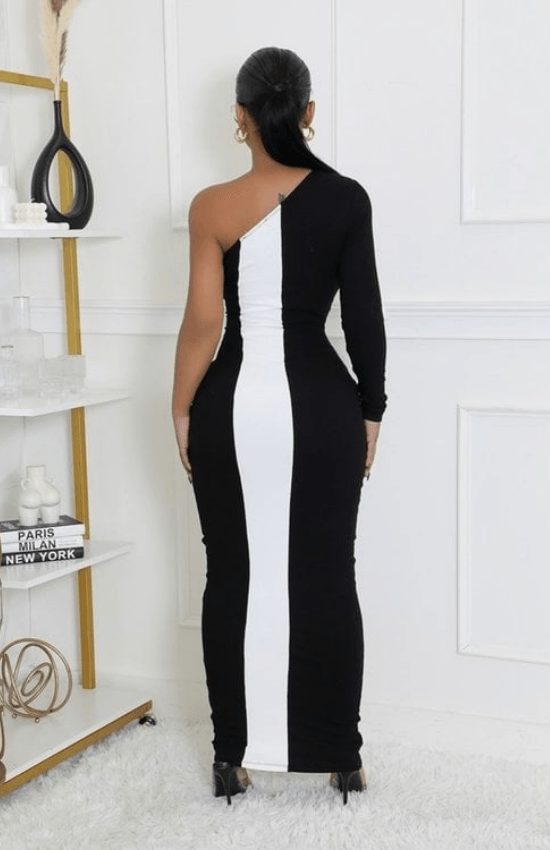 Clarette One Shoulder Long Sleeves Front Cutout Stretch Maxi Dress- Black/White