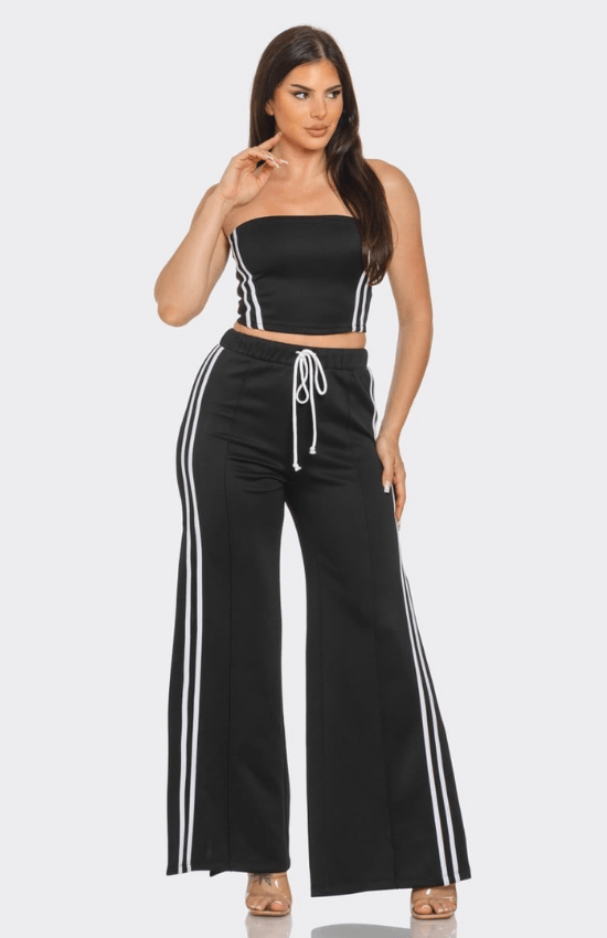 Alyssa Sleeveless Solid Side Two Stripe Detail Tube Crop Top and Side Slit Flare Pants Set-Black/White