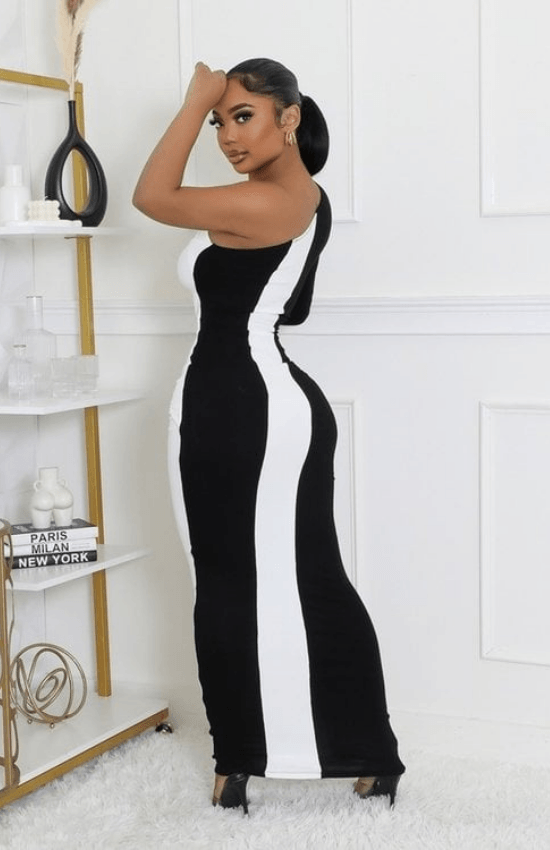 Clarette One Shoulder Long Sleeves Front Cutout Stretch Maxi Dress- Black/White