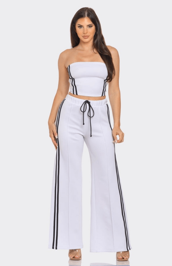 Alyssa Sleeveless Solid Side Two Stripe Detail Tube Crop Top and Side Slit Flare Pants Set-White