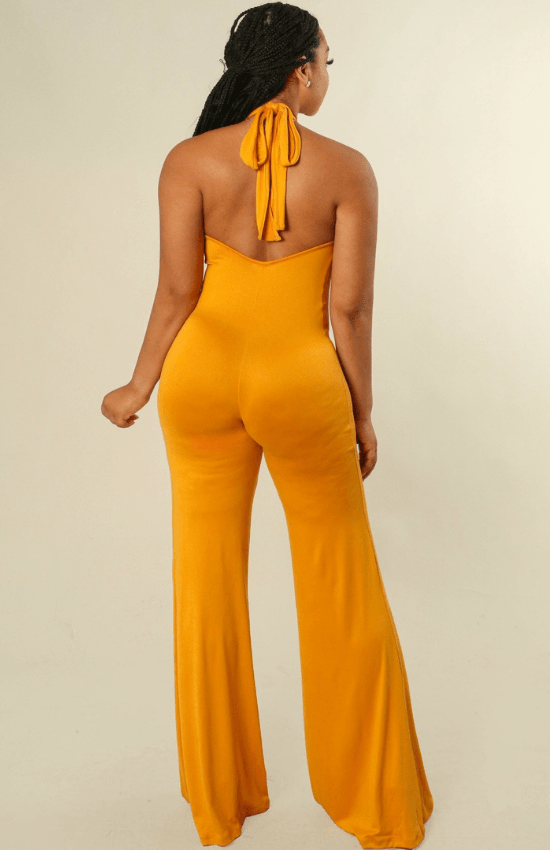 Evely Halter Neck Loose Legs Jumpsuit-Mustard