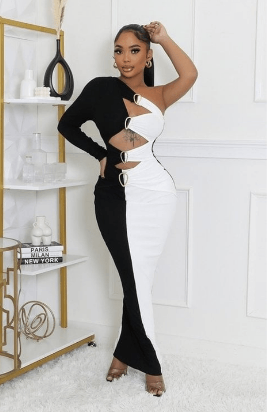 Clarette One Shoulder Long Sleeves Front Cutout Stretch Maxi Dress- Black/White