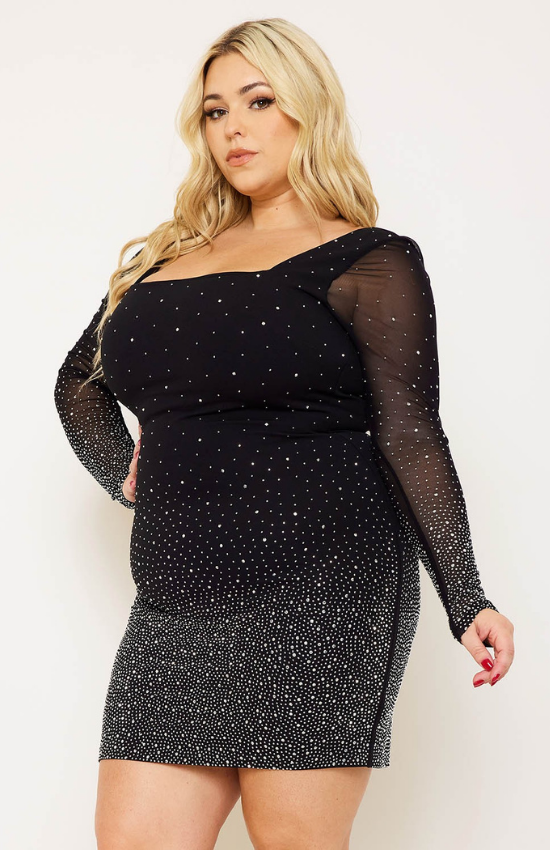 Gloria Long Sleeves Ombre Rhinestone Mesh Plus Size Mini Dress-Black