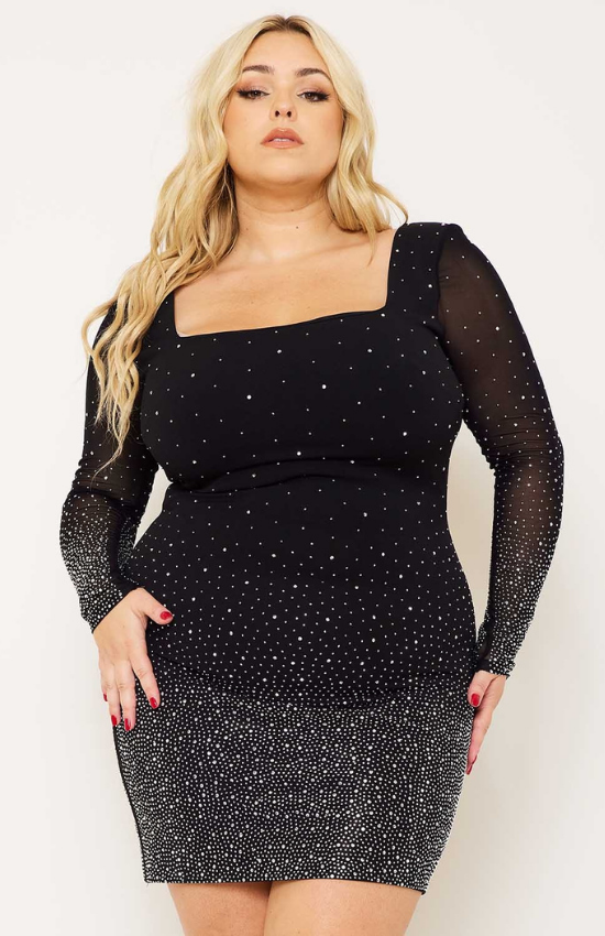 Gloria Long Sleeves Ombre Rhinestone Mesh Plus Size Mini Dress-Black