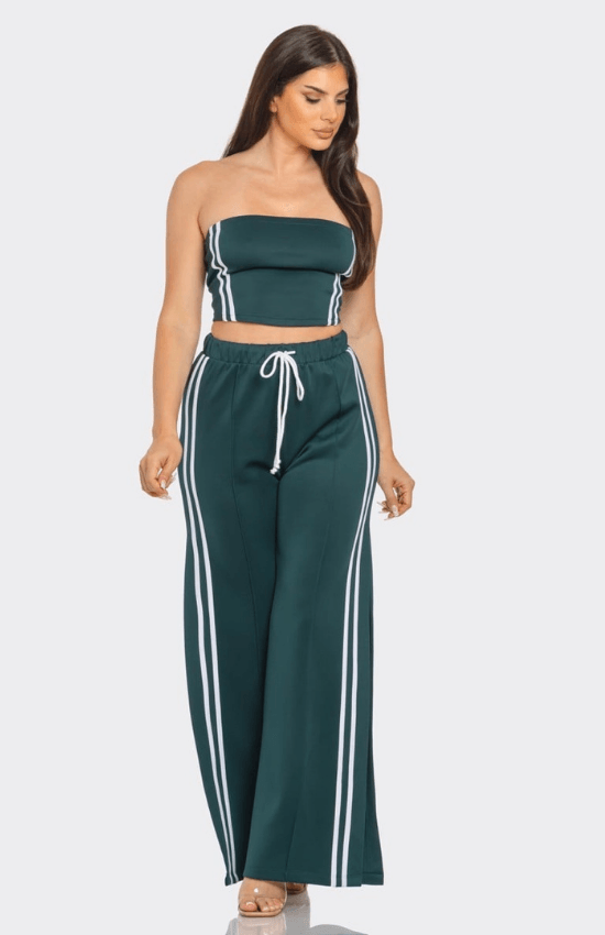 Alyssa Sleeveless Solid Side Two Stripe Detail Tube Crop Top and Side Slit Flare Pants Set-Hunter Green/White