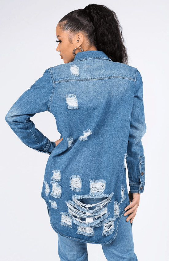 Laila Long Sleeves Denim Shirts Jacket-Medium Blue