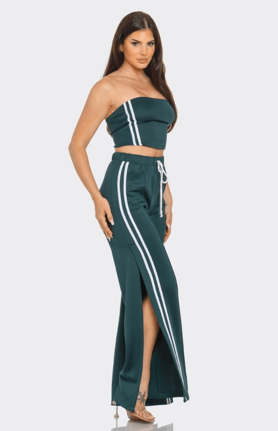 Alyssa Sleeveless Solid Side Two Stripe Detail Tube Crop Top and Side Slit Flare Pants Set-Hunter Green/White