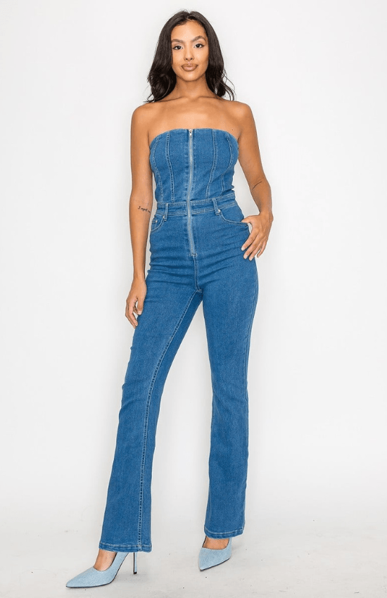 Lisa Woven Tube Denim Front Zipper Closure Five- Pocket Jumpsuit- Medium Denim