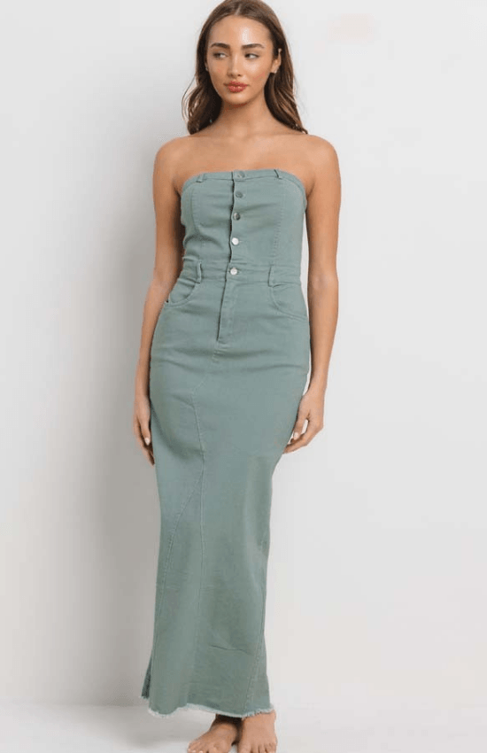 Betty Stretch Front Buttons Tube Maxi Dress-Sage