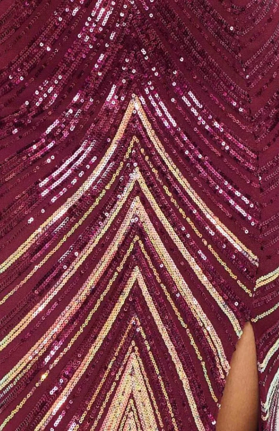 Lisa Ombre Sequin Chevron Pattern Open Back Maxi Dress-Maroon