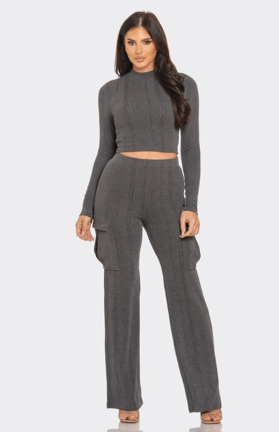 Kaliah Rib Solid Mock Neck Long Sleeve Crop Top and Side Cargo Pockets Pants Set-Charcoal